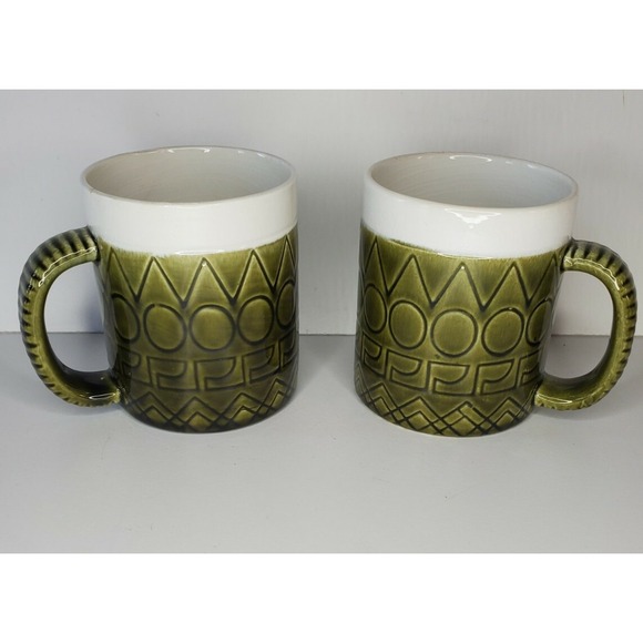 Other - ☕TWO 60's Geometric Artistic Green White Coffee Mug Cup Portugal